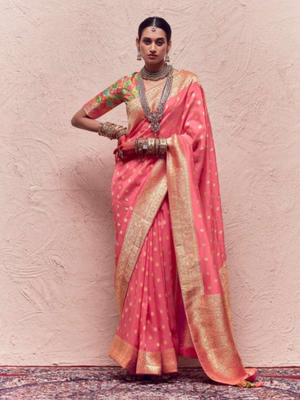 Pink Crape Saree with Golden Border