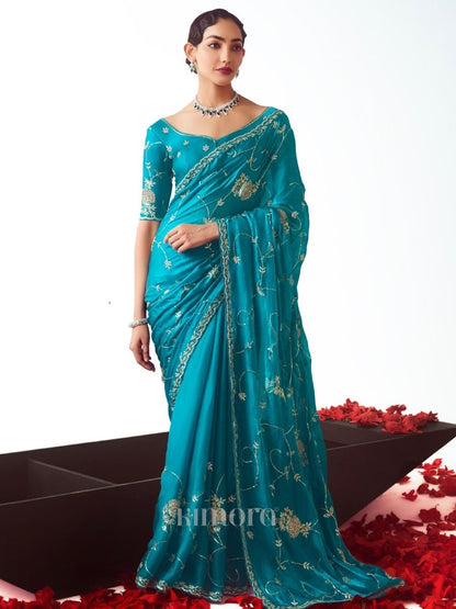 Mohar Premium Tissue Zari  Saree In Turquoise