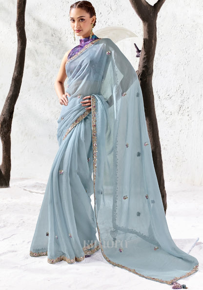 Vyana Raw Silk Delicate Embroidery Saree In Powder Blue