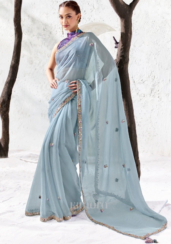 Vyana Raw Silk Delicate Embroidery Saree In Powder Blue