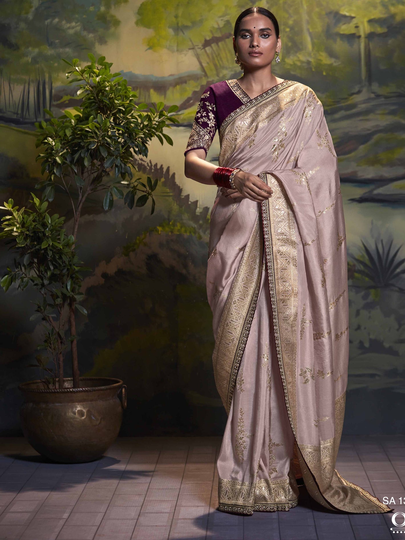Rose Pink Pure Dola Silk Floral Saree