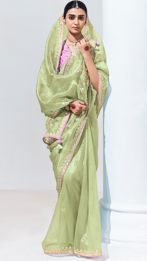 Sea Green Organza Tissue Silk Saree with Crushed Texture
