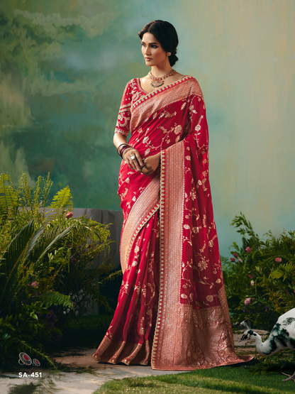 Sindoori Glow Dola silk Saree in rich red