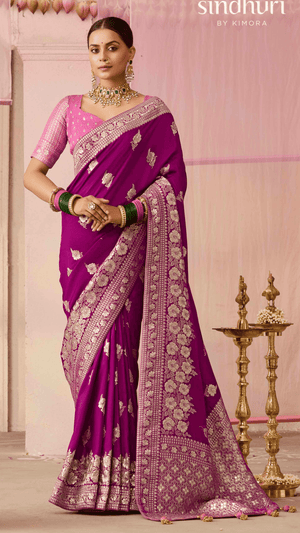 PURPLE DOLA SILK SAREE WITH PINK GOLDEN EMBROIDERED BLOUSE - Kimora.in