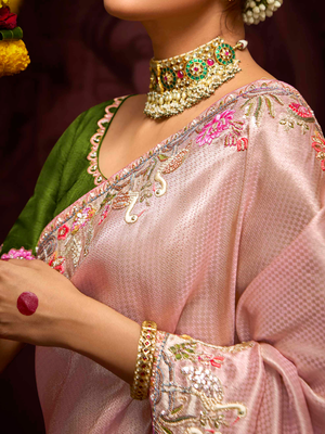 Pink Banarasi Viscose Saree with See green Blouse