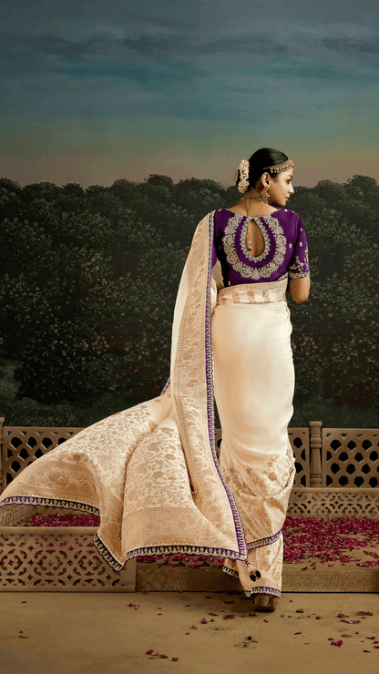 OFF WHITE BANARASI DOLA SILK SAREE WITH GOLDEN ZARI WORK - Kimora.in