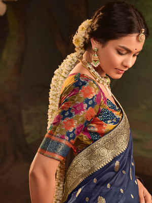 Navy Blue Pure Silk Saree With Golden Border & Contrast Designer Blouse