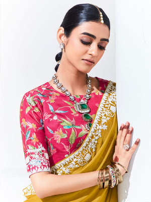 YELLOW SAREE WITH FLORAL-PRINT BLOUSE – RADIANT ELEGANCE