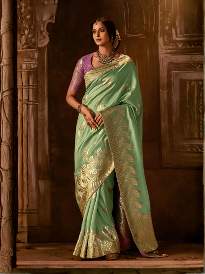 Sea Green Banarasi Silk Saree with Rich Golden Zari & Contrast Purple Blouse