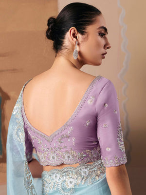 Light Blue Fancy Fabric Saree with Thread & Sequin Work and Lavender Blouse