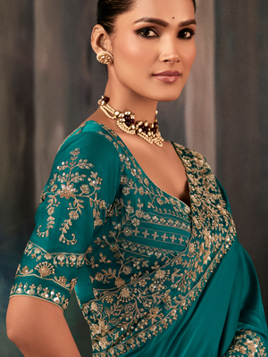 Teal Fancy Silk Saree with Heavy Embroidery and Matching Blouse