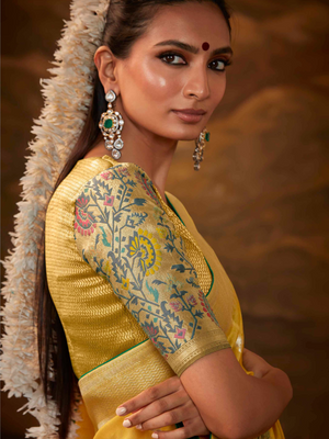 Yellow Banarasi Silk Saree with Colorful Floral Weaving