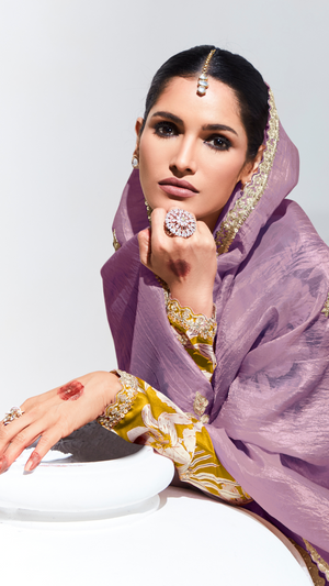 Purple Pure Tissue Silk Saree with Crushed Texture & Vibrant Yellow Blouse