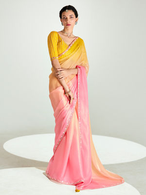 Yellow & Red Shade Organza Saree