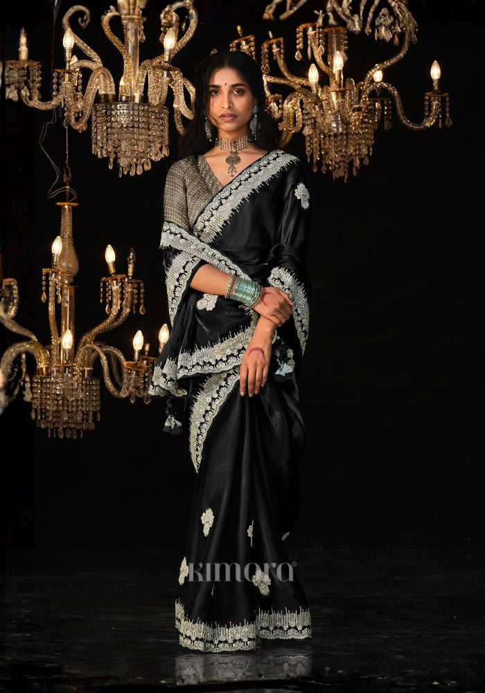Dark Pearl Premium Tissue Saree In Black