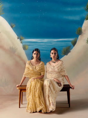 Pastel Yellow Organza Tissue Silk Hand Embroidered Bridal Saree