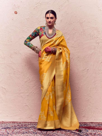 Yellow Crape Saree with Golden Border