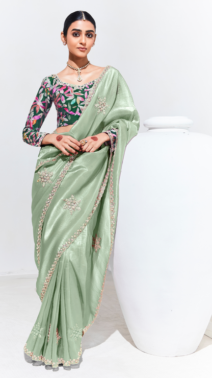 Sea Green Pure Tissue Silk Saree with Crushed Finish & Multicolor Blouse