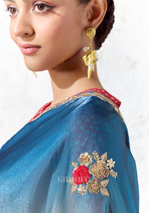 Triveni Coral Tri-Tone Soft Tissue Silk Saree