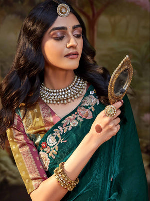 Forest Green Tissue Silk Saree with Embroidered Designer Blouse