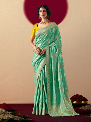 Mint Green Weaving Banarasi Saree with Yellow Blouse – Traditional Festive Wear