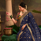 Navy Blue Pure Silk Saree With Golden Border & Contrast Designer Blouse