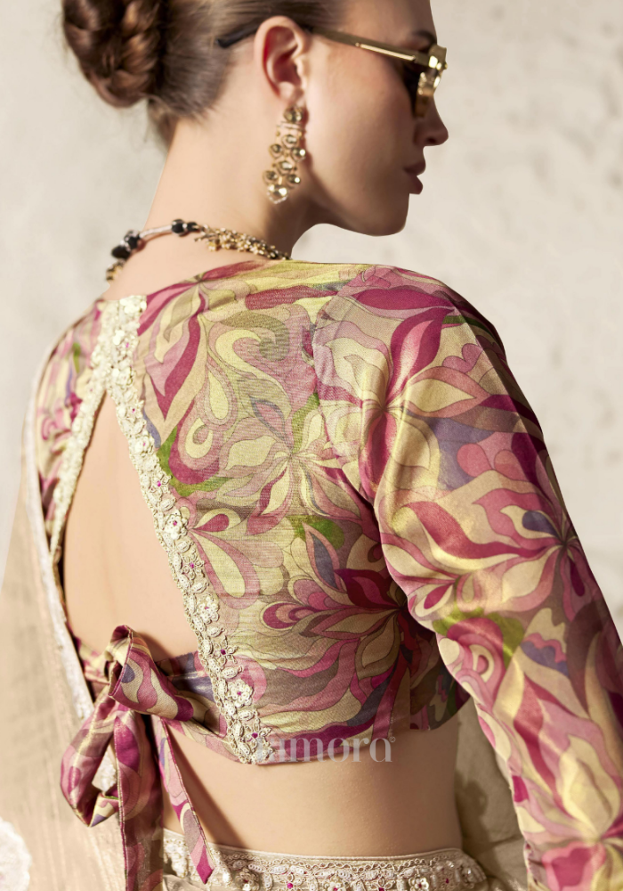 Magenta and Olive Green Linen Satin Blouse with Abstract Swirl Print Design, Designer Printed Blouse for Wedding and Festive Sarees