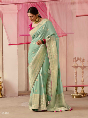 Sea Green Weaving Silk Saree With Red Golden Embroidered Blouse