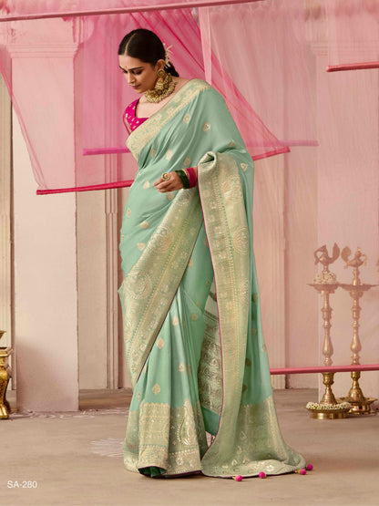 Sea Green Weaving Silk Saree With Red Golden Embroidered Blouse