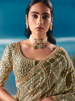 Olive Green Organza Tissue Silk Hand Embroidered Bridal Saree