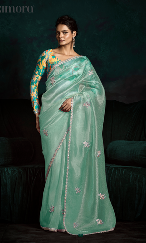TEAL DESIGNER ORGANZA SAREE  – A BLUSH OF ELEGANCE