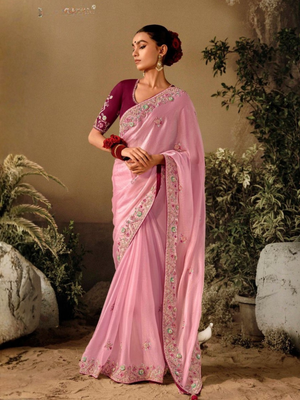 Pink Soft Silk Saree With Heavy Embroidery & Wine Blouse
