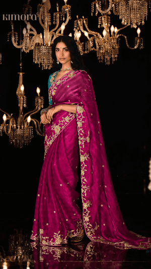 REGAL RED HAND-EMBROIDERED SAREE WITH TEAL BLOUSE - Kimora.in