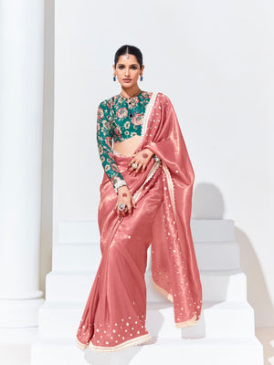 PINK SAREE WITH GREEN FLORAL BLOUSE – A GRACEFUL ETHNIC ENSEMBLE