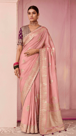 PEACH DOLA SILK SAREE WITH WINE GOLDEN EMBROIDERED BLOUSE - Kimora.in