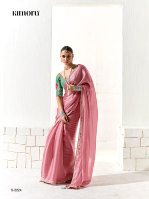 Pink Silk Organza Saree with Green Blouse