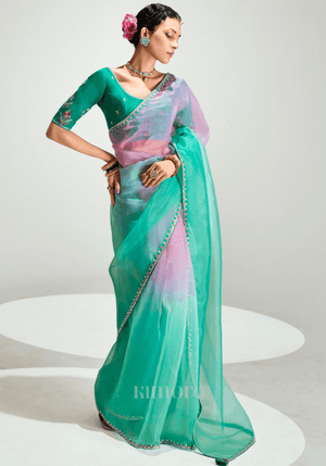 Gulbagh Tissue Silk Saree In Light Green And Soft Pink