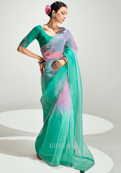 Gulbagh Tissue Silk Saree In Light Green And Soft Pink
