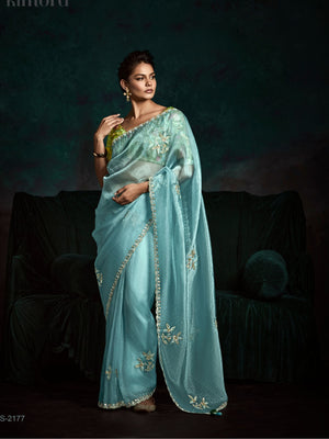 ICE BLUE DESIGNER ORGANZA SAREE- A VISION OF TRANQUIL BEAUTY