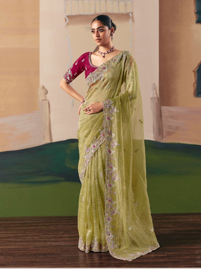 Light Green Fancy Fabric Saree with Thread & Sequin Work and Maroon Blouse