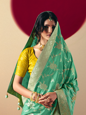 Mint Green Weaving Banarasi Saree with Yellow Blouse – Traditional Festive Wear