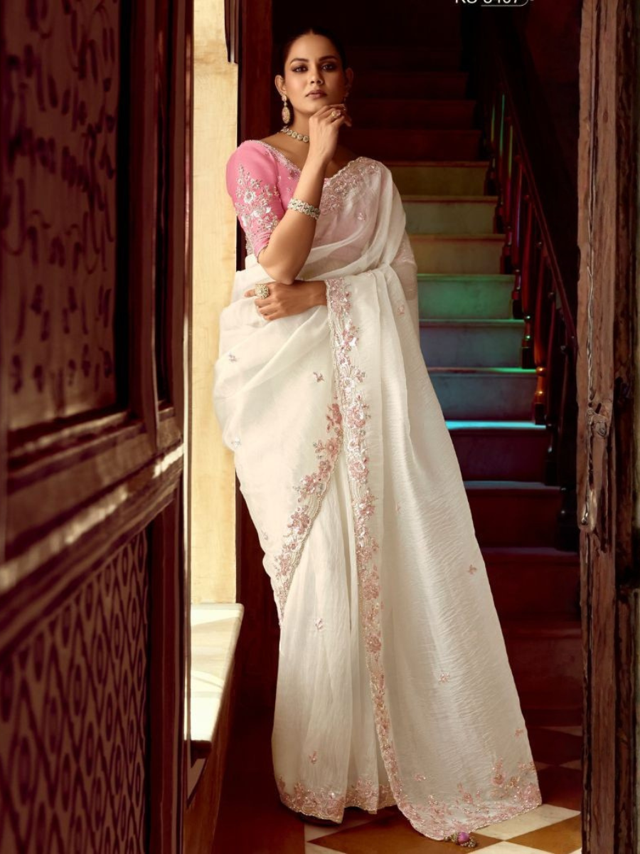 Aavira White Saree with Pink Embroidery Blouse