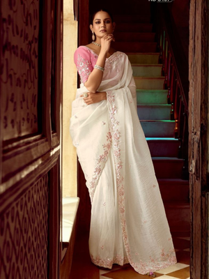 White Fancy Fabric Saree with Pink Embroidery Blouse