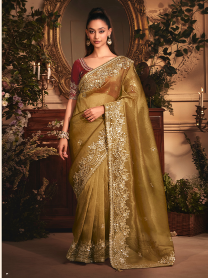 Gold Color Fancy Fabric Saree with Thread and Sequin Embroidery Work