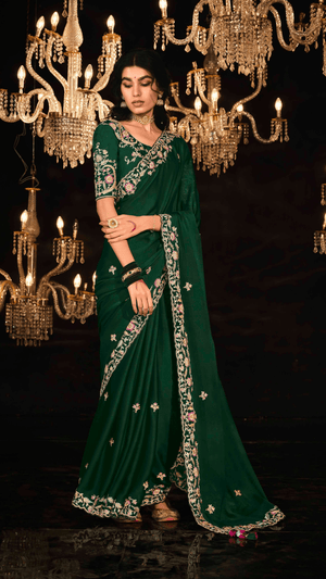 DARK GREEN CHIFFON LIGHTWEIGHT SAREE - Kimora.in