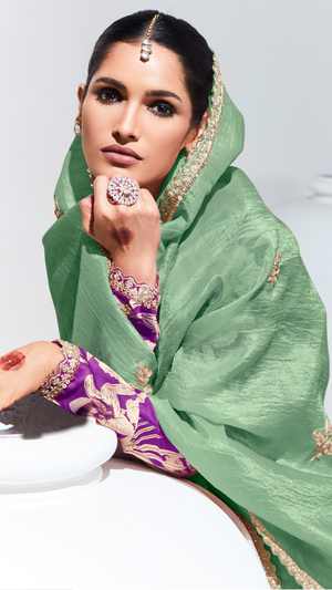 Sea Green Pure Tissue Silk Saree with Crushed Finish & Royal Purple Blouse