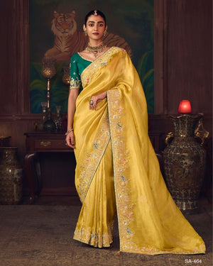 Mustard Yellow Silk Saree with Hand Embroidery