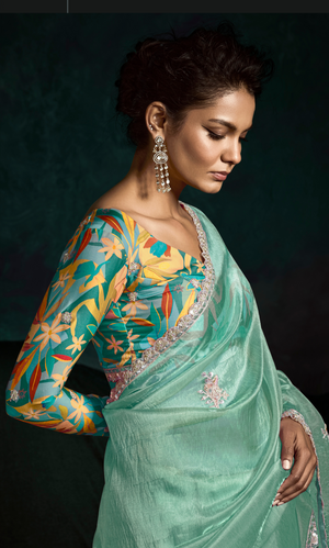 TEAL DESIGNER ORGANZA SAREE  – A BLUSH OF ELEGANCE