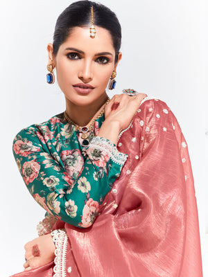 PINK SAREE WITH GREEN FLORAL BLOUSE – A GRACEFUL ETHNIC ENSEMBLE