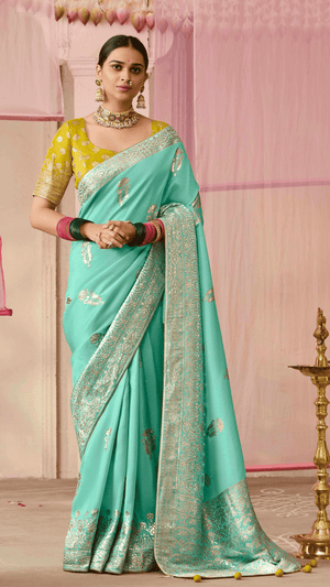 SEA GREEN DOLA SILK SAREE WITH YELLOW GOLDEN EMBROIDERED BLOUSE - Kimora.in